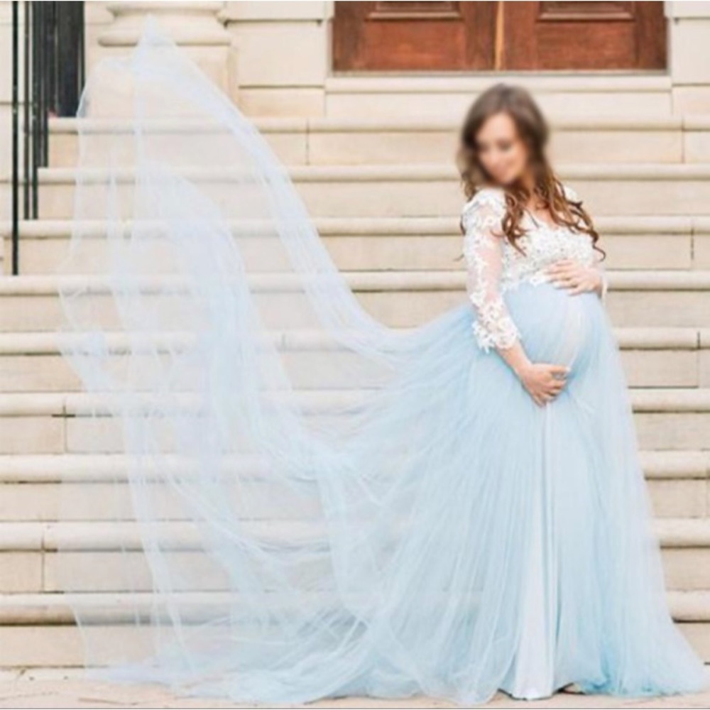 Baby Blue Maternity Dress, Tulle train